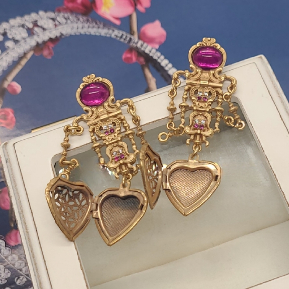 Vintage Estate Signed Multistone Dangle Heart Locket Gold Earrings - Picture 8 of 10